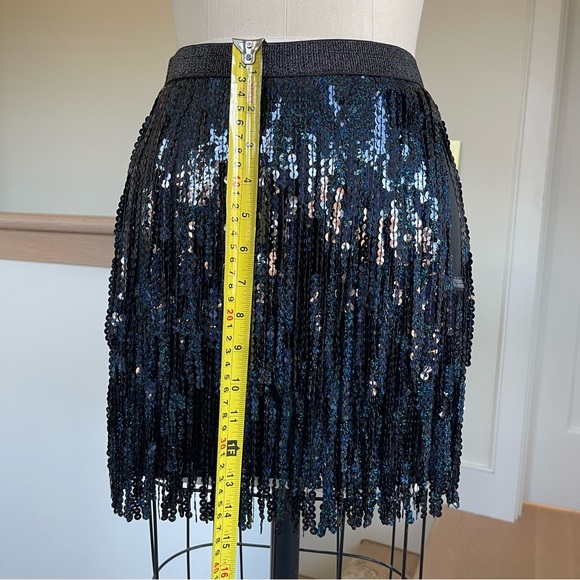 Black & Blue Sequin Fringe over Black Vegan Leather Mini Skirt Size 0-2 - Picture 4 of 9
